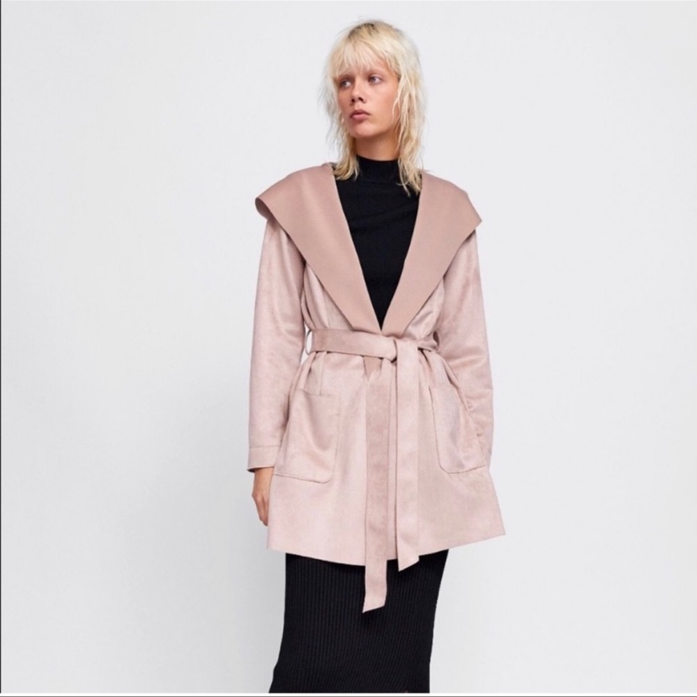 Zara Suede Feeling Hooded Trench Coat Jacket - neutral pink